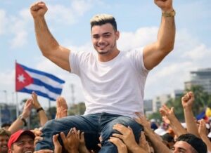 En la foto, una imagen de IA con Sandro Castro manteado por los jóvenes