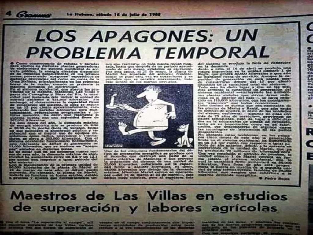 En la foto, un texto del diario Granma de la década del sesenta, que habla de la temporalida de los apagones