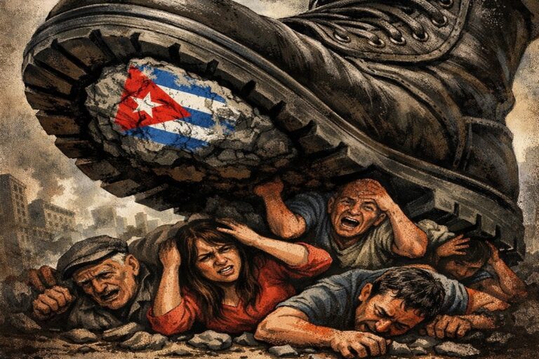 En la foto, una imagen de IA en la que una bota aplasta al ciudadanos comunes