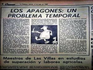 En la foto, un texto del diario Granma de la década del sesenta, que habla de la temporalida de los apagones