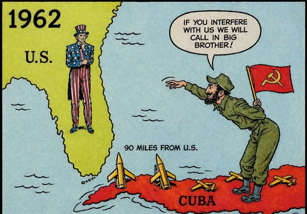 En la foto, una caricatura de 1962, en la que se ve la amenaza de Cuba a EEUU