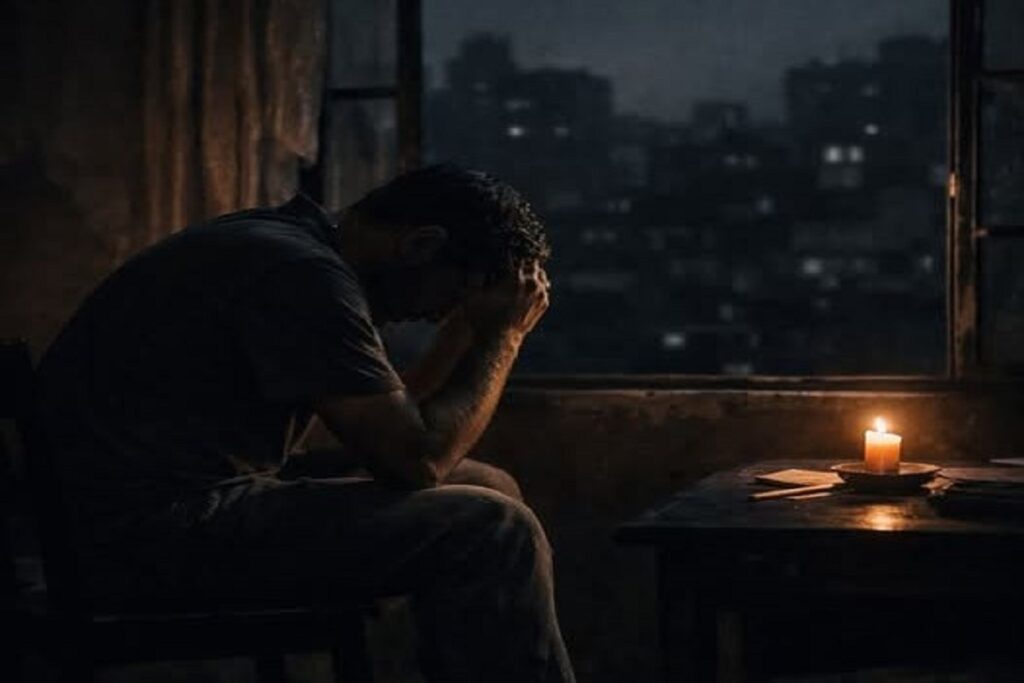 En la foto, un hombre se sujeta las manos en una habitación en penumbras, en la que apenas brilla la luz de una vela