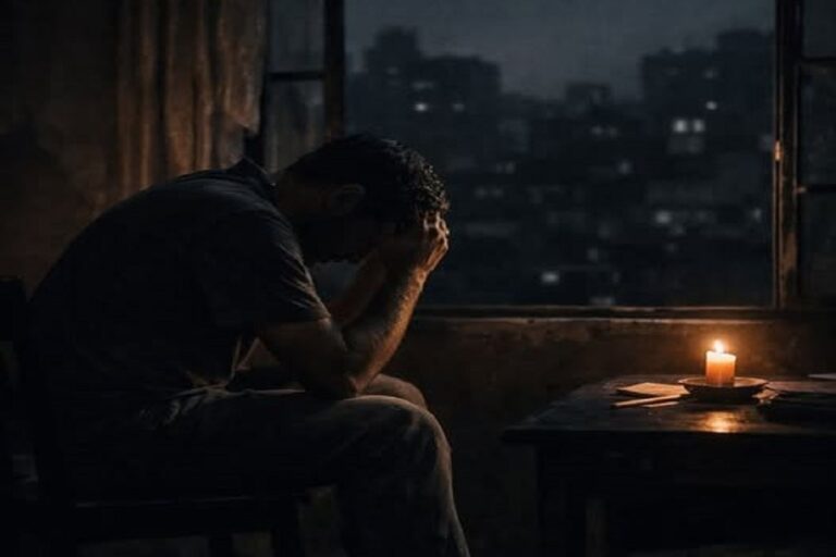 En la foto, un hombre se sujeta las manos en una habitación en penumbras, en la que apenas brilla la luz de una vela