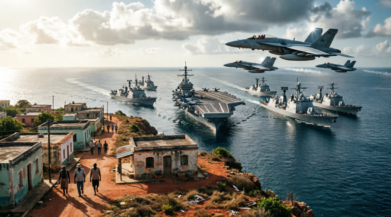 En la foto, una imagen de IA, en la que aparece una parte de Cuba rodeada por armas de Estados Unidos