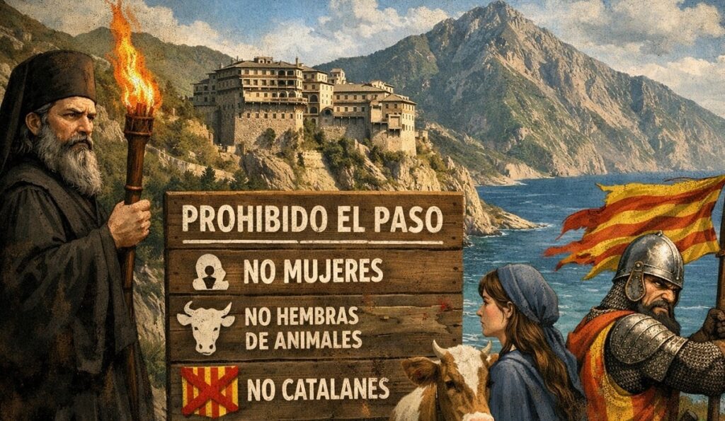 En la foto, un dibujo del monte Athos y sus prohibiciones
