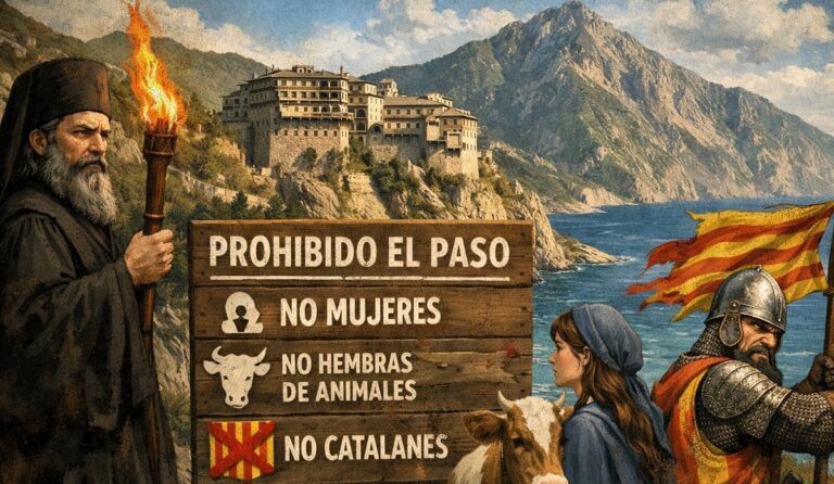 En la foto, un dibujo del monte Athos y sus prohibiciones