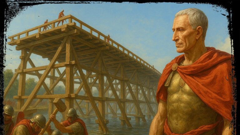 En la foto, un dibujo que muestra a César observando la construcción del punte sobre el Rin