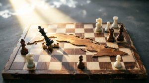 En la foto, una imagen de IA sobre un mapa de Cuba sobre un tablero de ajedrez