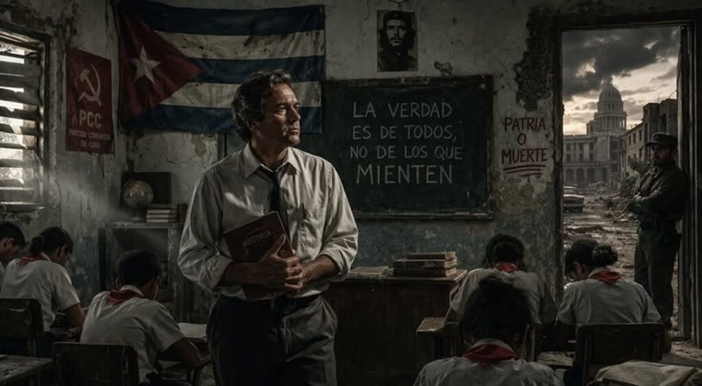 En la foto, una imagen de IA de un profesor en un aula