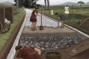 En la foto, una imagen de AI sobre la construcción de un camino romano