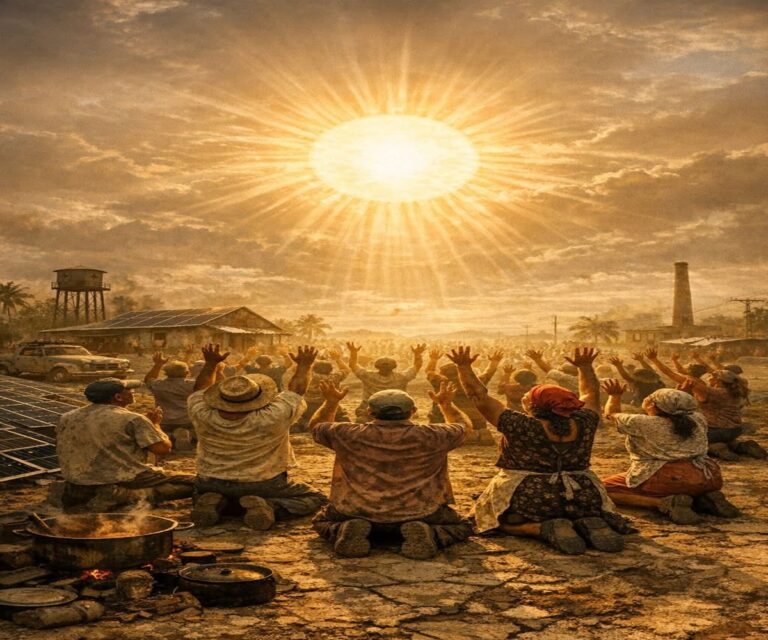 Arroz fotovoltaico 1 En la foto, una imagen de IA donde se ven hombres pidiéndole al sol