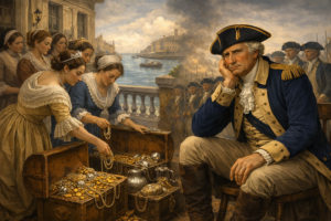 Damas de La Habana donando joyas para la independencia de Estados Unidos mientras George Washington espera en Yorktown