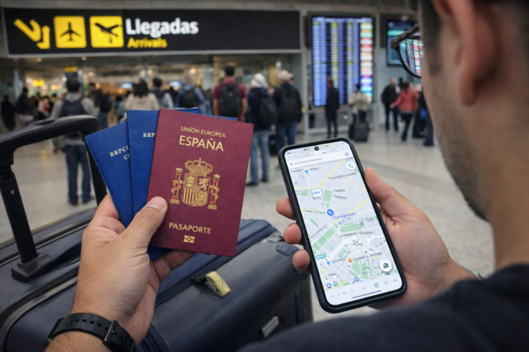 primeros pasos al llegar a España en el aeropuerto con pasaporte y móvil usando Google Maps