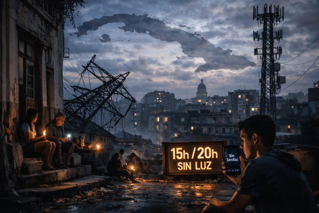 ¿Cuba a oscuras? La red social X expone la crisis energética y sus devastadores efectos 5 “Escena en una ciudad de Cuba durante un apagón: personas iluminándose con velas y linternas, edificios en penumbra, antenas de telecomunicaciones y un cartel que indica largas horas sin electricidad.