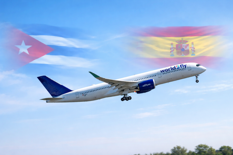 Avión despegando con banderas de Cuba y España en el cielo, representación de emigrar a España desde Cuba