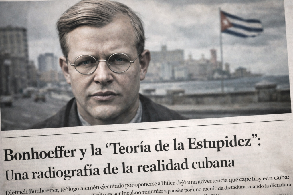 Retrato de Dietrich Bonhoeffer en primer plano con fondo del Malecón de La Habana y bandera cubana, representando el análisis de la teoría de la estupidez aplicada al control social en Cuba