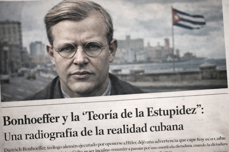 Retrato de Dietrich Bonhoeffer en primer plano con fondo del Malecón de La Habana y bandera cubana, representando el análisis de la teoría de la estupidez aplicada al control social en Cuba