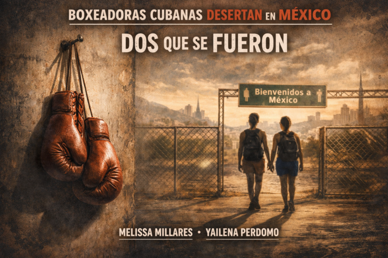Guantes de boxeo colgados en un clavo mientras dos siluetas femeninas se alejan hacia un cartel de México, simbolizando la deserción de boxeadoras cubanas.