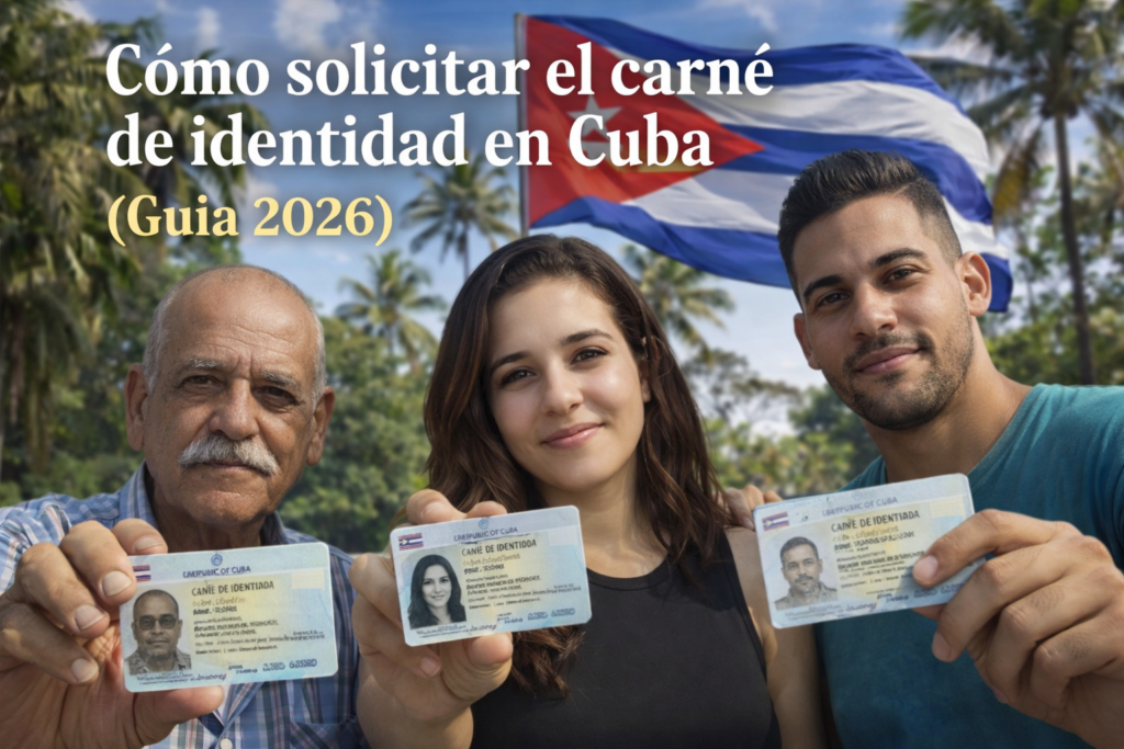 Personas mostrando su carné de identidad en Cuba con bandera cubana de fondo, ilustrando el proceso de identificación ciudadana en 2026
