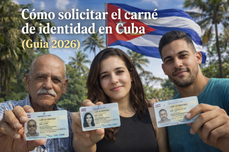 Cómo solicitar el carné de identidad en Cuba (Guía completa 2026) 7 Personas mostrando su carné de identidad en Cuba con bandera cubana de fondo, ilustrando el proceso de identificación ciudadana en 2026