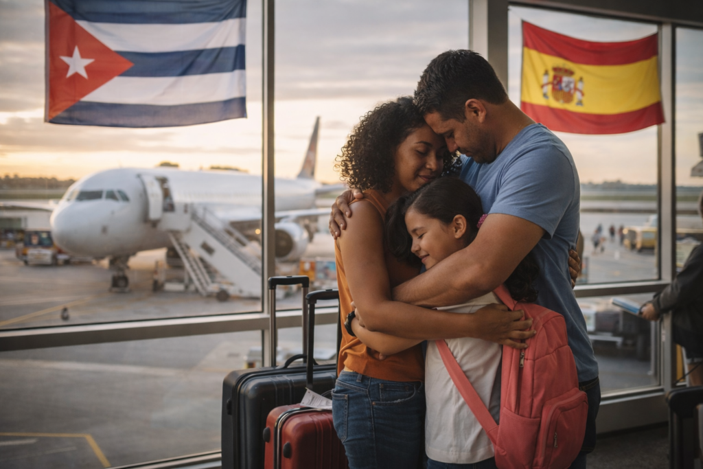 Familia cubana abrazándose en un aeropuerto antes de viajar a España, con maletas y avión al fondo, representando la reunificación familiar desde Cuba