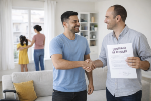 Cómo alquilar piso en España sin nómina: acuerdo entre propietario e inquilino tras firmar contrato en un salón moderno