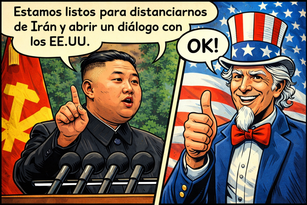 Corea del Norte se distancia de Irán para abrir la puerta a conversaciones con EE. UU., según Seúl 7 Cómic: líder de Corea del Norte propone diálogo con EE. UU.; Tío Sam responde “OK!”.