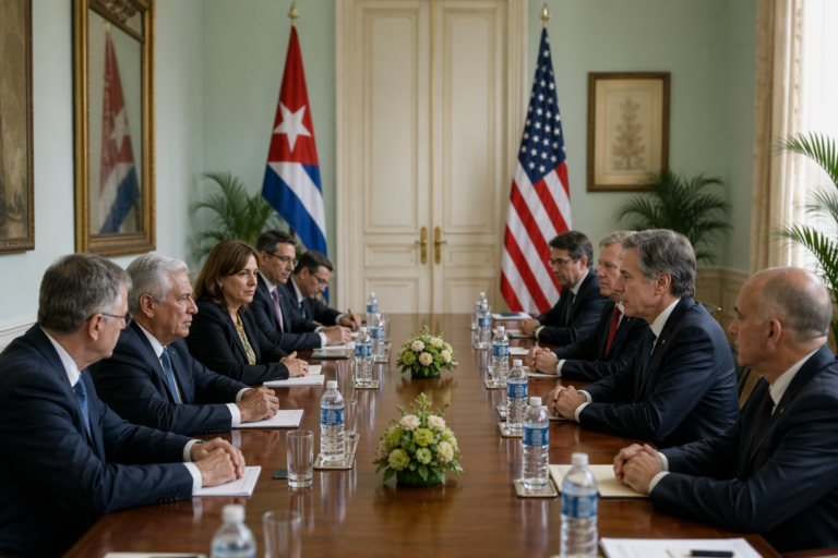 Representación de una reunión diplomática entre Cuba y Estados Unidos en un contexto de alta tensión política