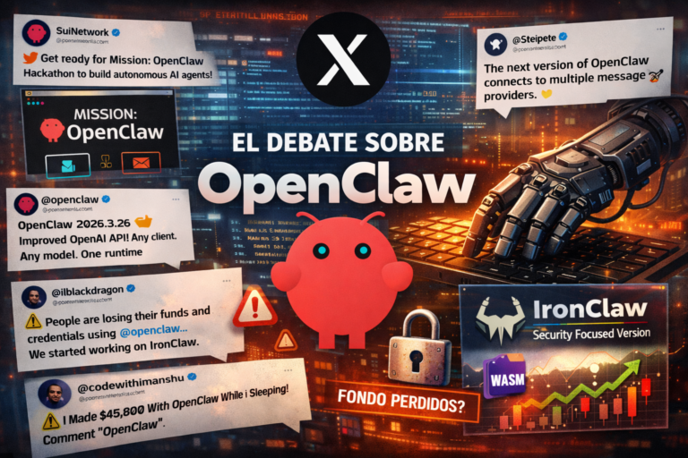 Debate sobre OpenClaw en X: framework de IA open source con acceso a terminal y navegador, mostrando hype, riesgos de seguridad y alternativas como IronClaw.