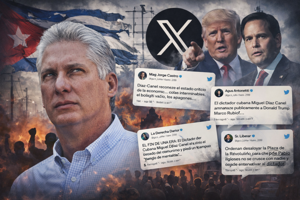 Díaz-Canel en X: Entre la Admisión de Crisis y la Retórica de Resistencia 9 lustración editorial de Miguel Díaz-Canel con fondo de protestas en Cuba, bandera cubana y mensajes de la red social X reflejando críticas sobre la crisis económica y política.