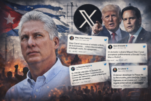 lustración editorial de Miguel Díaz-Canel con fondo de protestas en Cuba, bandera cubana y mensajes de la red social X reflejando críticas sobre la crisis económica y política.