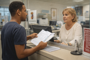 hombre empadronándose en España en ayuntamiento entregando documentos en ventanilla