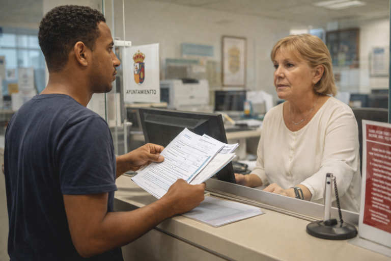 Cómo empadronarse en España por primera vez (guía real paso a paso) 2 hombre empadronándose en España en ayuntamiento entregando documentos en ventanilla