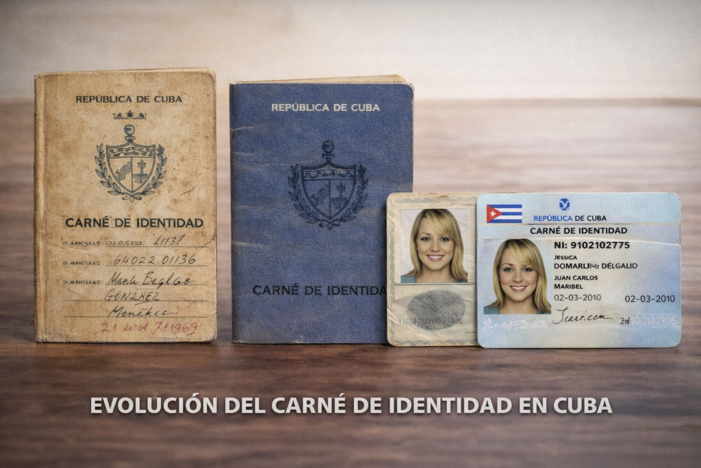 Comparativa de los tres tipos de carné de identidad en Cuba: librito antiguo, versión intermedia en tarjeta y modelo moderno actual, mostrando su evolución en diseño y formato