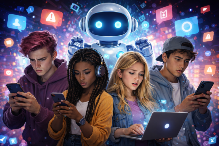 Grupo de jóvenes de la Generación Z usando móviles y portátil frente a una representación futurista de la inteligencia artificial, con expresión de concentración y preocupación.