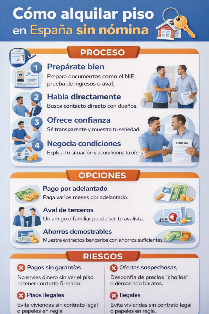 Cómo alquilar piso en España sin nómina: infografía con proceso, opciones como aval o pago adelantado y riesgos al alquilar vivienda