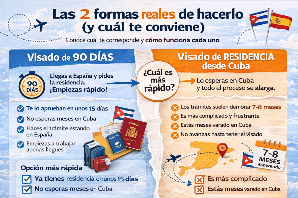 Infografía comparando cómo traer familiares a España desde Cuba: visado de 90 días rápido frente a visado de residencia con largos tiempos de espera