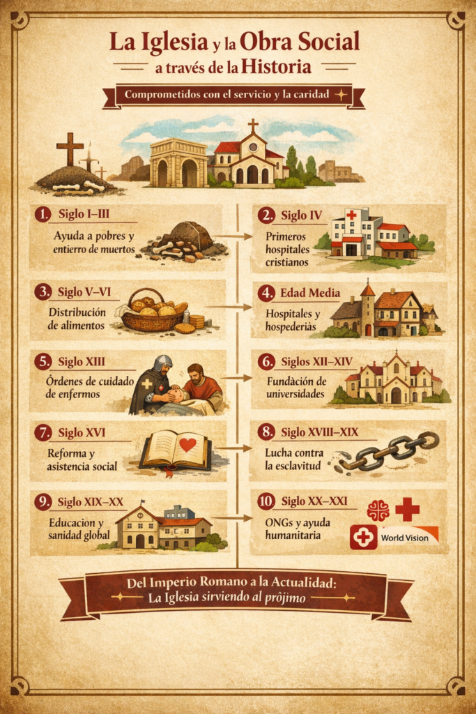Infografía sobre la obra social de la iglesia desde el siglo I hasta hoy, mostrando ayuda a pobres, hospitales, educación y acciones humanitarias.