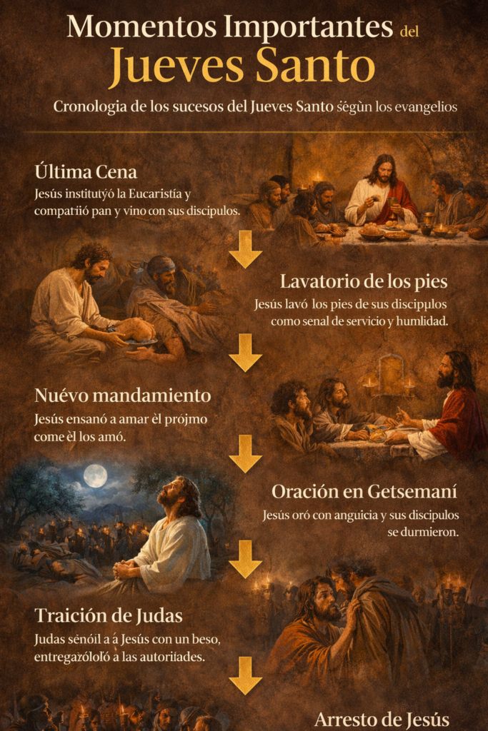 Infografía qué es el Jueves Santo con los momentos clave en orden cronológico: Última Cena, lavatorio de los pies, nuevo mandamiento, oración en Getsemaní, traición de Judas y arresto de Jesús