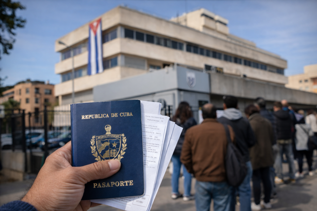Pasaporte cubano en primer plano con documentos en mano frente al consulado de Cuba en España, mientras varias personas esperan en cola para realizar trámites consulares