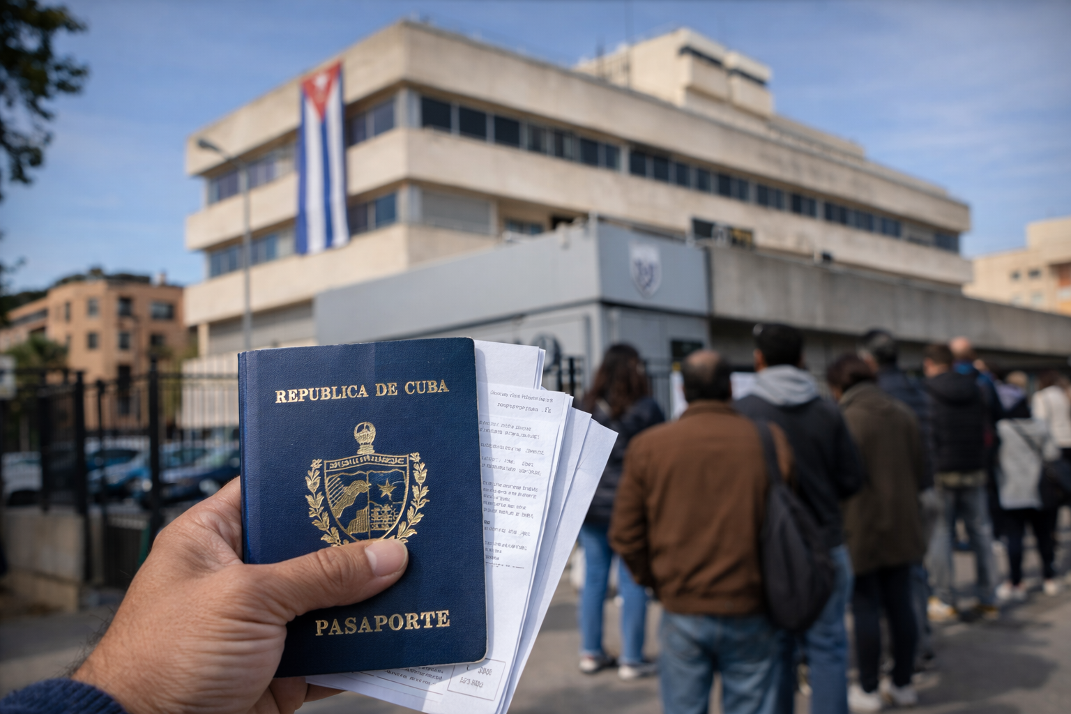 Renovar el pasaporte cubano en España en 2026: guía paso a paso para evitar errores y colas 1 Pasaporte cubano en primer plano con documentos en mano frente al consulado de Cuba en España, mientras varias personas esperan en cola para realizar trámites consulares
