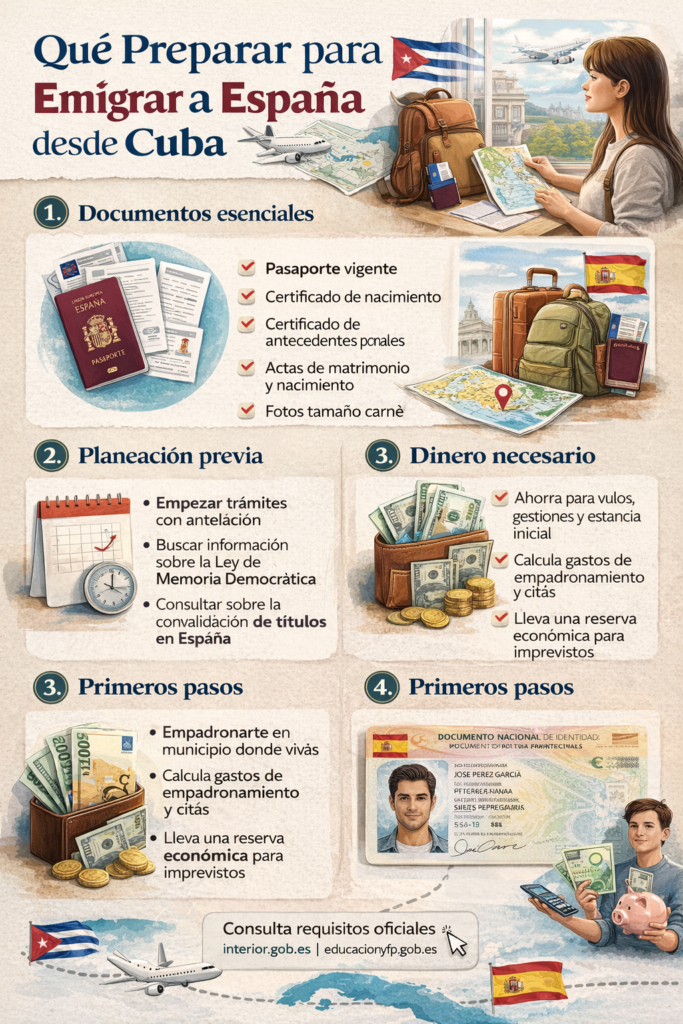 Infografía sobre qué preparar para emigrar a España con documentos, dinero, trámites y primeros pasos antes del viaje