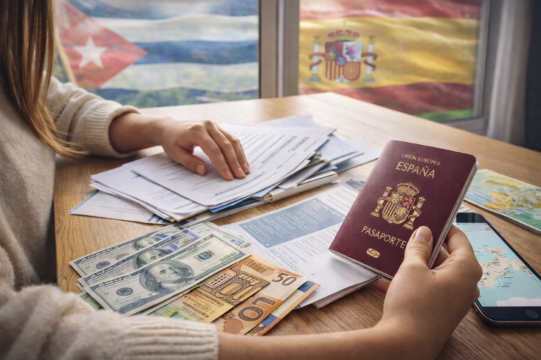 Mujer organizando documentos, dinero en euros y dólares y pasaporte español antes de emigrar a España