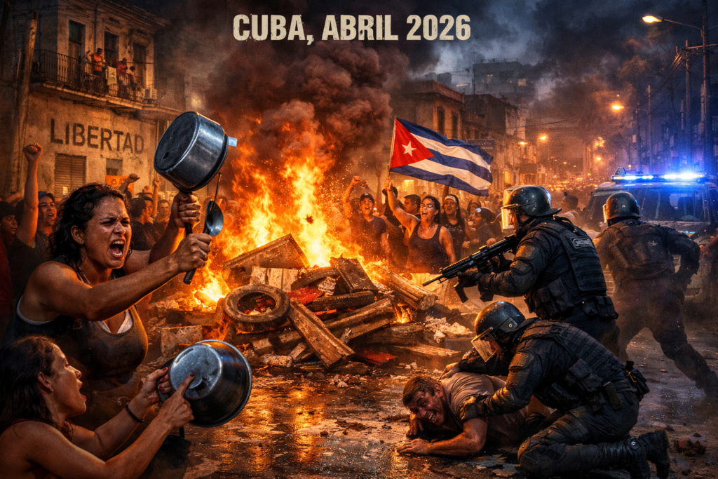 Protestas nocturnas en Cuba con barricadas en llamas, ciudadanos haciendo cacerolazo y presencia policial reprimiendo a manifestantes en medio de la crisis.