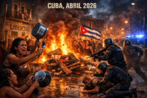 Protestas nocturnas en Cuba con barricadas en llamas, ciudadanos haciendo cacerolazo y presencia policial reprimiendo a manifestantes en medio de la crisis.
