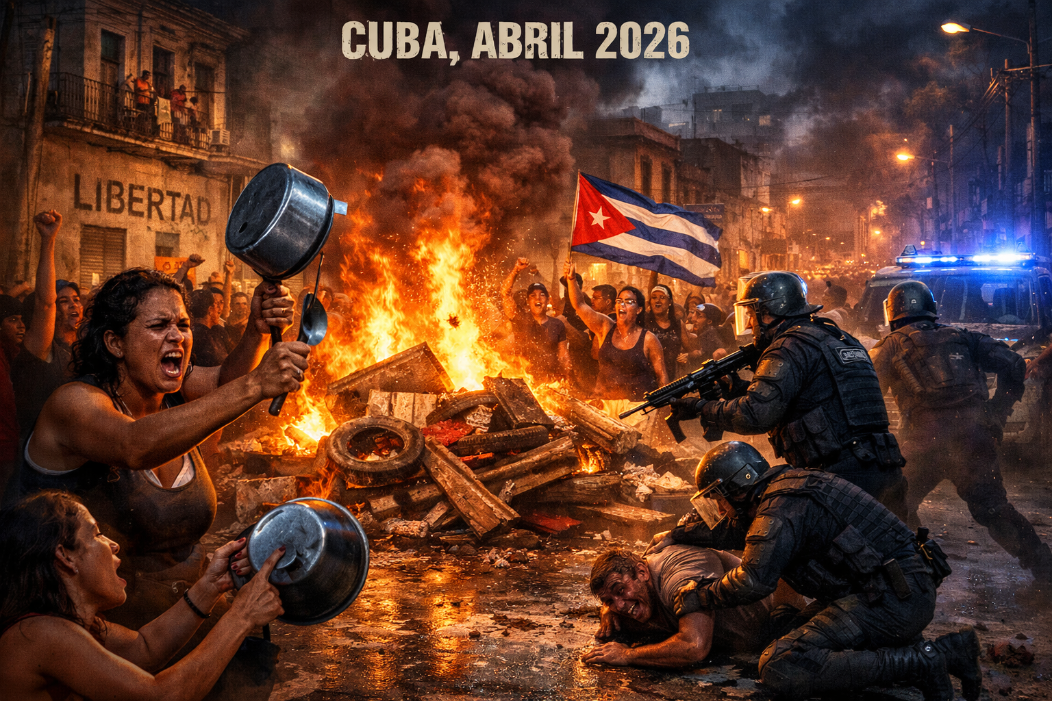 Protestas nocturnas en Cuba con barricadas en llamas, ciudadanos haciendo cacerolazo y presencia policial reprimiendo a manifestantes en medio de la crisis.