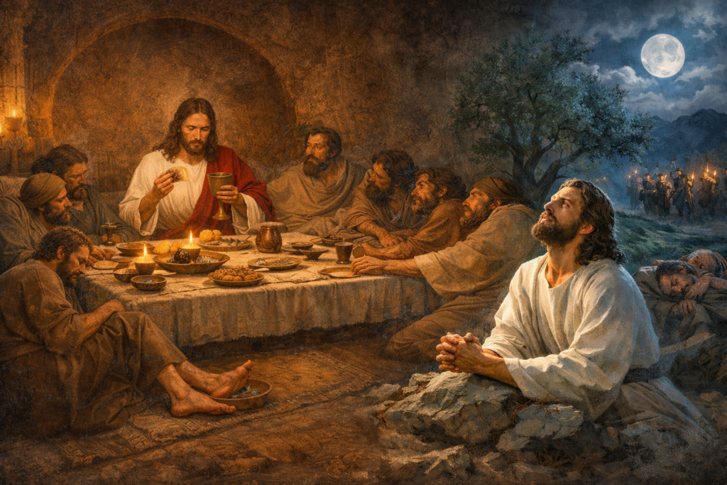 Jesús y sus discípulos recostados en la Última Cena, compartiendo pan y vino, junto al lavatorio de los pies y la oración en Getsemaní bajo la luz de la luna