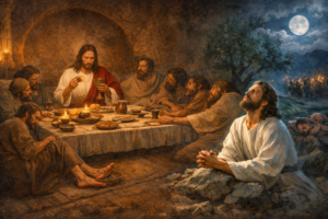 Jesús y sus discípulos recostados en la Última Cena, compartiendo pan y vino, junto al lavatorio de los pies y la oración en Getsemaní bajo la luz de la luna