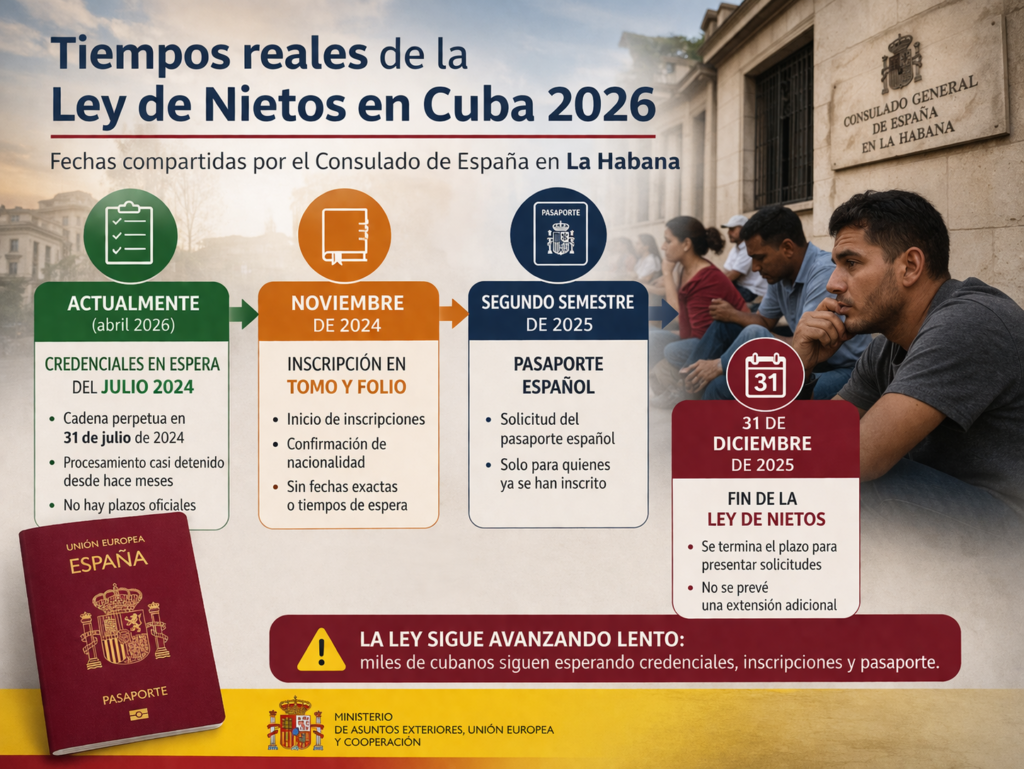 Tiempos reales de la Ley de Nietos en Cuba 2026: infografía con fechas clave de credenciales (julio 2024), inscripciones (noviembre 2024) y proceso de pasaporte español en La Habana
