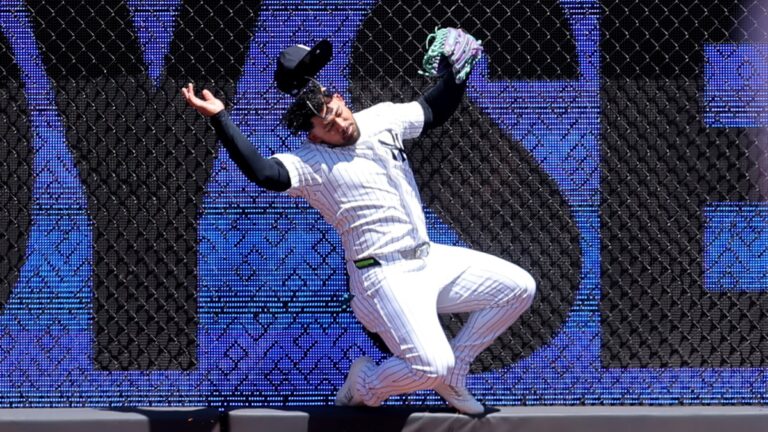 En la foto, Jasson Domínguez se golpea contra la cerca del Yankee Stadium